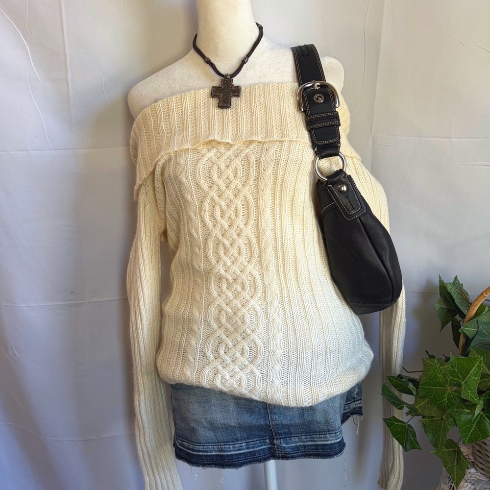 Y2K Fall Off the Shoulder Cable Knit Sweater Ivory White Angora Blend L
